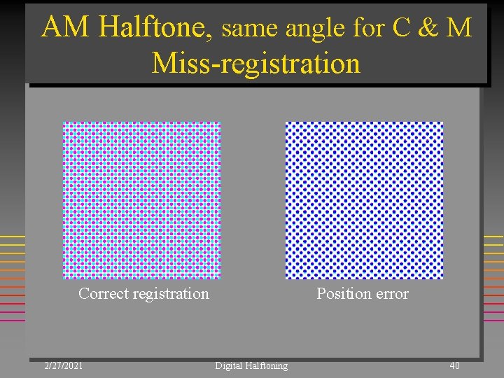 AM Halftone, same angle for C & M Miss-registration Correct registration 2/27/2021 Position error