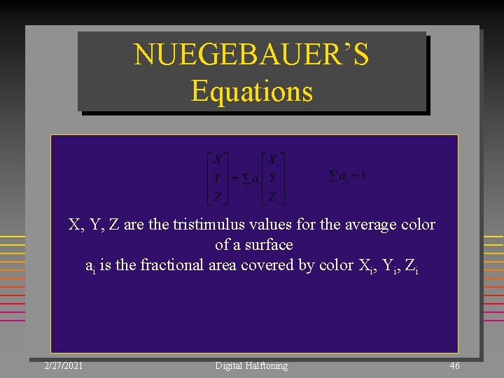 NUEGEBAUER’S Equations X, Y, Z are the tristimulus values for the average color of