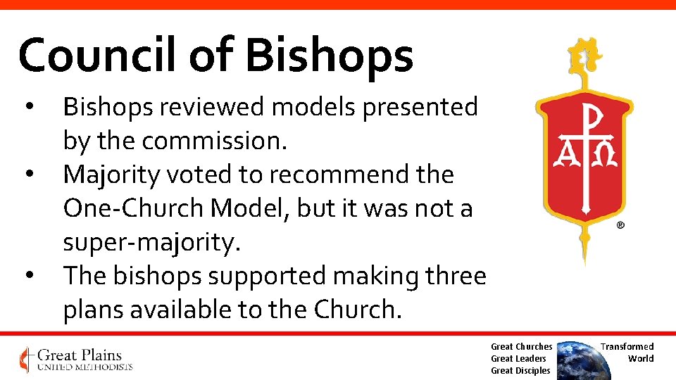 Council of Bishops • Bishops reviewed models presented by the commission. • Majority voted Council of Bishops • Bishops reviewed models presented by the commission. • Majority voted