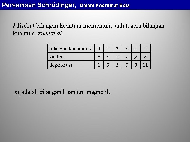 Persamaan Schrödinger, Dalam Koordinat Bola l disebut bilangan kuantum momentum sudut, atau bilangan kuantum