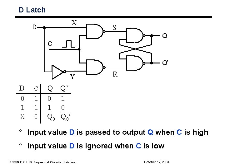 D Latch X D S Q C Q’ Y D 0 1 X C D Latch X D S Q C Q’ Y D 0 1 X C