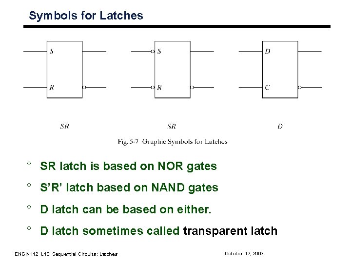 Symbols for Latches ° SR latch is based on NOR gates ° S’R’ latch Symbols for Latches ° SR latch is based on NOR gates ° S’R’ latch