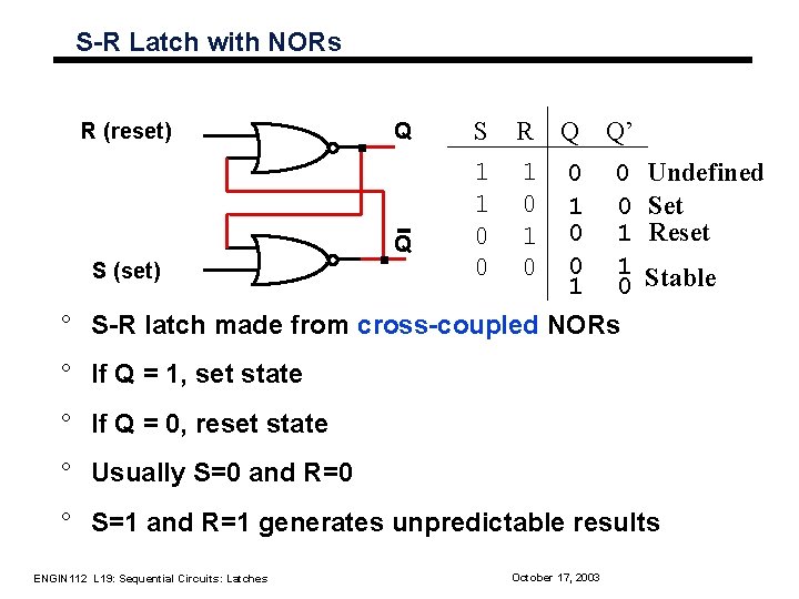 S-R Latch with NORs S R Q Q’ 1 1 0 0 1 0 S-R Latch with NORs S R Q Q’ 1 1 0 0 1 0