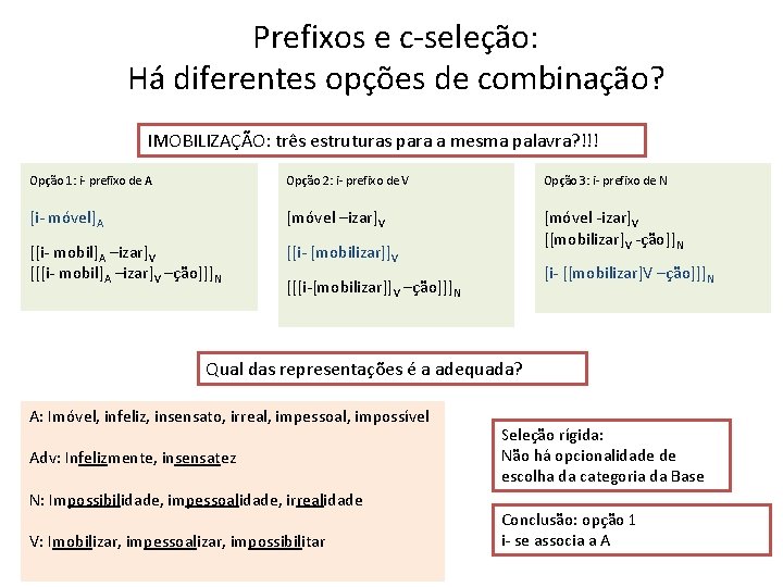 Prefixos e c-seleção: Há diferentes opções de combinação? IMOBILIZAÇÃO: três estruturas para a mesma