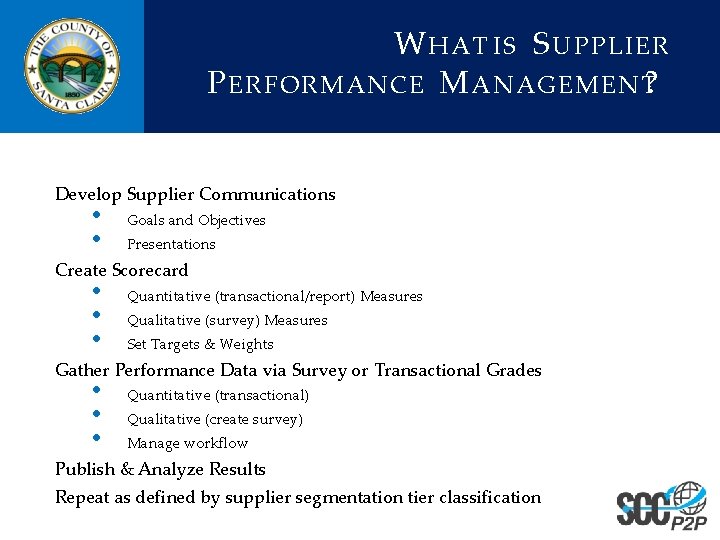 W HAT IS S UPPLIER P ERFORMANCE M ANAGEMENT? Develop Supplier Communications • •