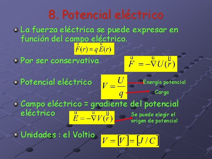 8. Potencial eléctrico La fuerza eléctrica se puede expresar en función del campo eléctrico. 8. Potencial eléctrico La fuerza eléctrica se puede expresar en función del campo eléctrico.