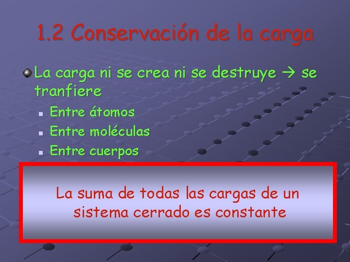 1. 2 Conservación de la carga La carga ni se crea ni se destruye 1. 2 Conservación de la carga La carga ni se crea ni se destruye