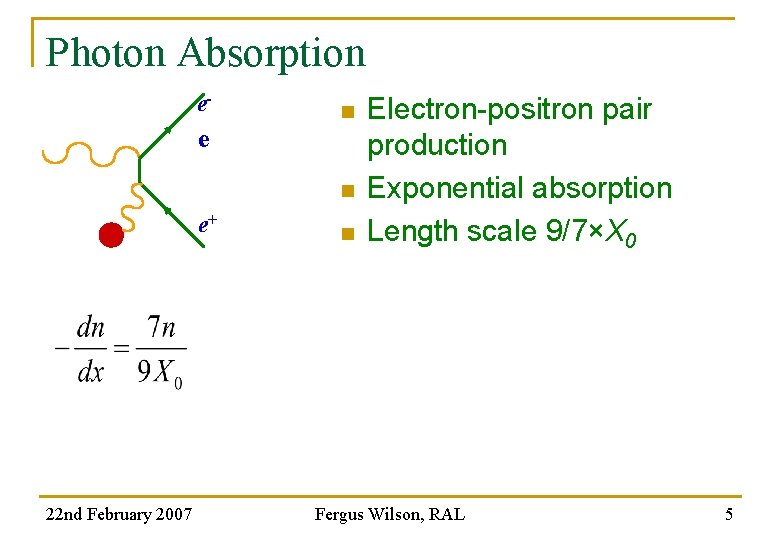 Photon Absorption e- n e+ 22 nd February 2007 n Electron-positron pair production Exponential