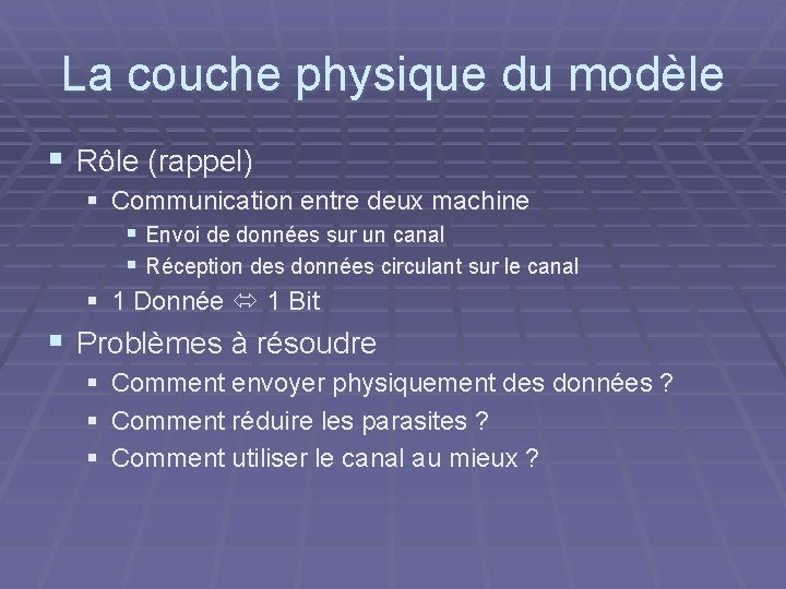 La couche physique du modèle § Rôle (rappel) § Communication entre deux machine §