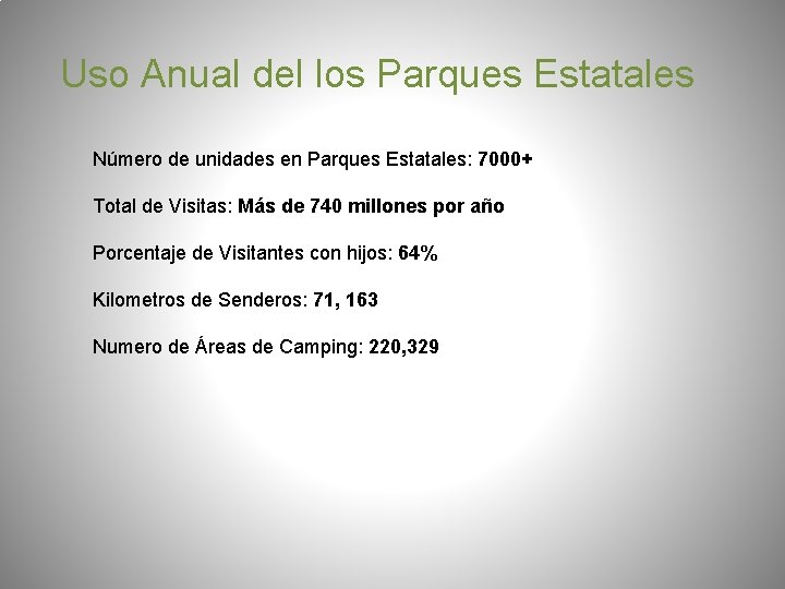 Uso Anual del los Parques Estatales Número de unidades en Parques Estatales: 7000+ Total