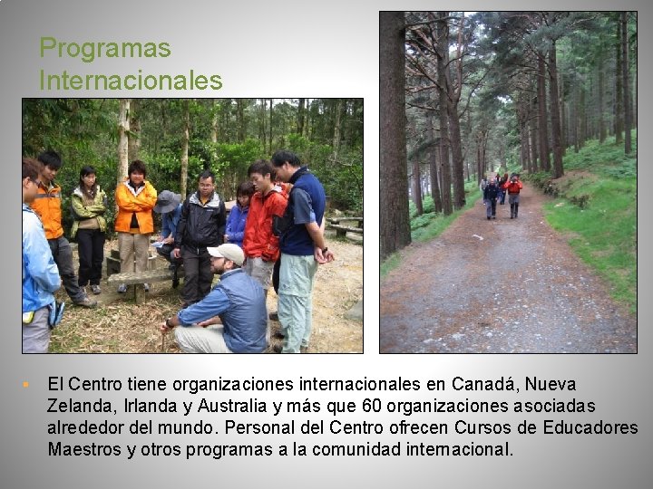 Programas Internacionales ▪ El Centro tiene organizaciones internacionales en Canadá, Nueva Zelanda, Irlanda y