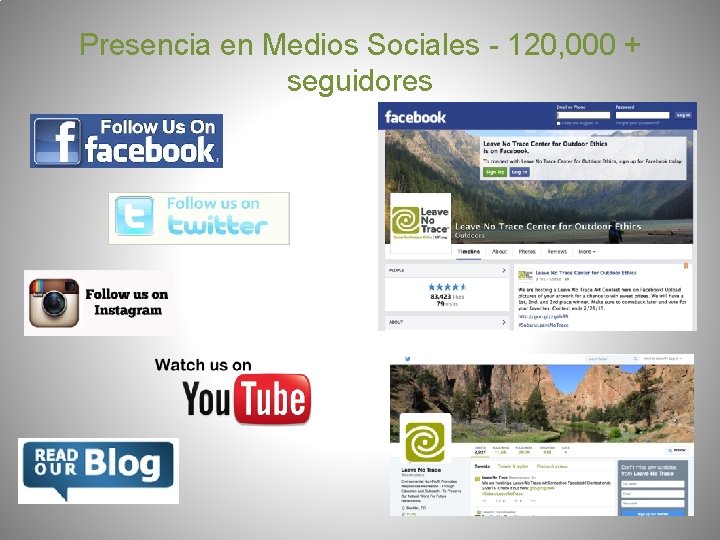 Presencia en Medios Sociales - 120, 000 + seguidores 