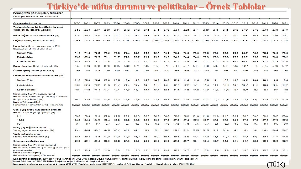 Türkiye’de nüfus durumu ve politikalar – Örnek Tablolar (TÜİK) 