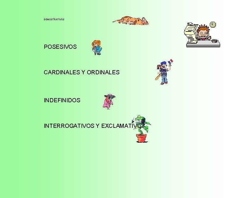 DEMOSTRATIVOS POSESIVOS CARDINALES Y ORDINALES INDEFINIDOS INTERROGATIVOS Y EXCLAMATIVOS 