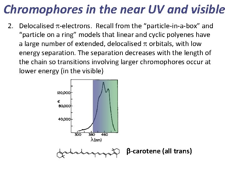 Chromophores in the near UV and visible 2. Delocalised p-electrons. Recall from the “particle-in-a-box”