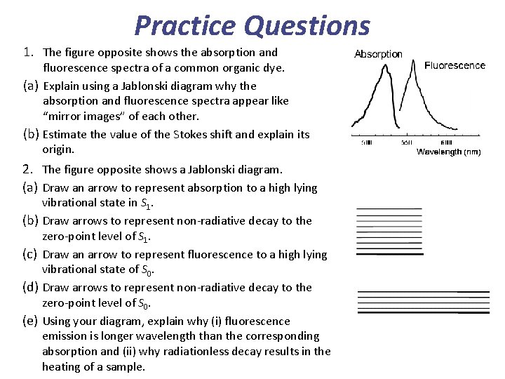 Practice Questions 1. The figure opposite shows the absorption and fluorescence spectra of a