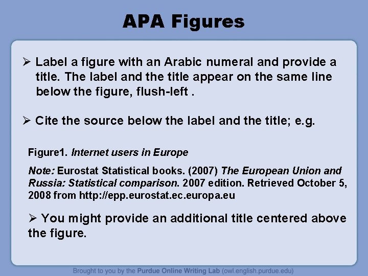 APA Figures Ø Label a figure with an Arabic numeral and provide a title.
