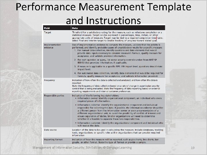 Performance Measurement Template and Instructions Management of Information Security, 5 th Edition, © Cengage