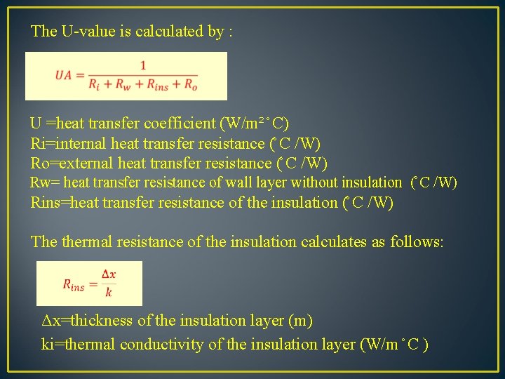 The U-value is calculated by : U =heat transfer coefficient (W/m² C) Ri=internal heat