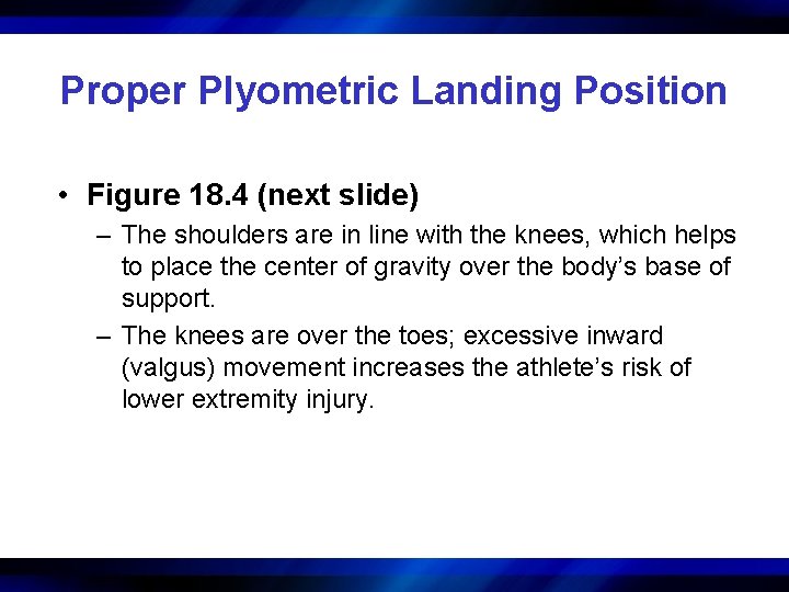 Proper Plyometric Landing Position • Figure 18. 4 (next slide) – The shoulders are