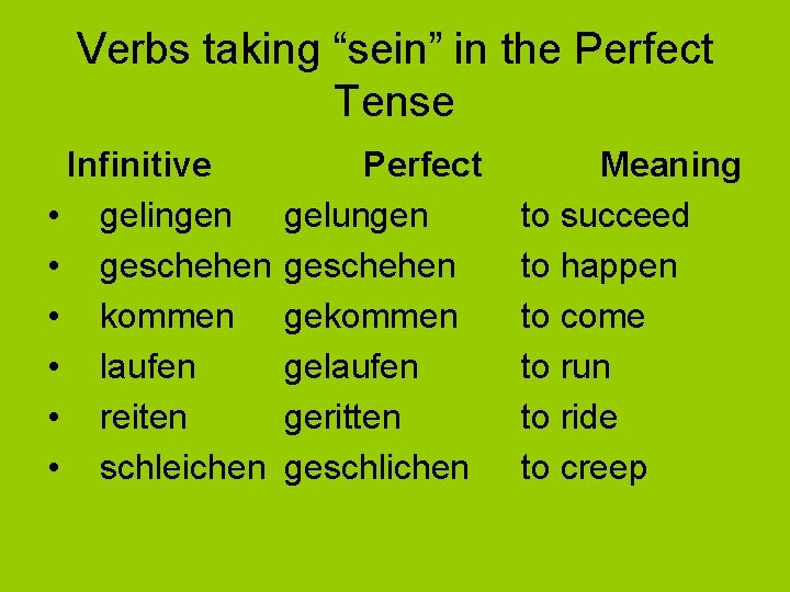 Verbs taking “sein” in the Perfect Tense Infinitive • gelingen • geschehen • kommen