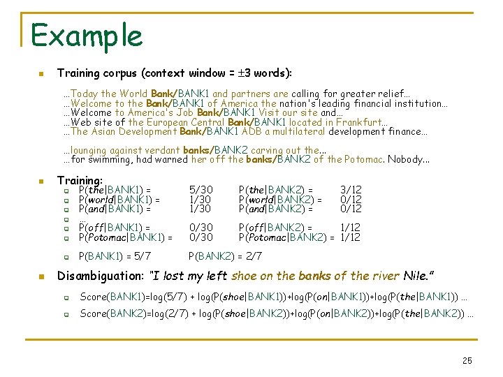 Example n Training corpus (context window = 3 words): …Today the World Bank/BANK 1