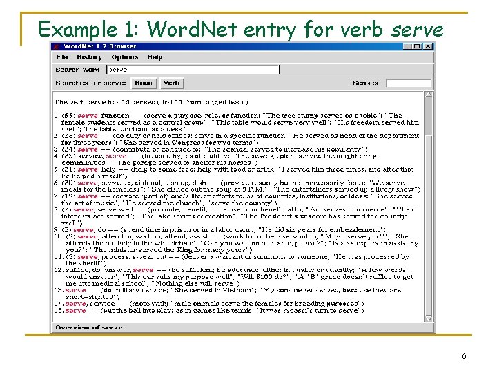 Example 1: Word. Net entry for verb serve 6 