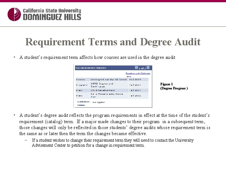 Requirement Terms and Degree Audit • A student’s requirement term affects how courses are