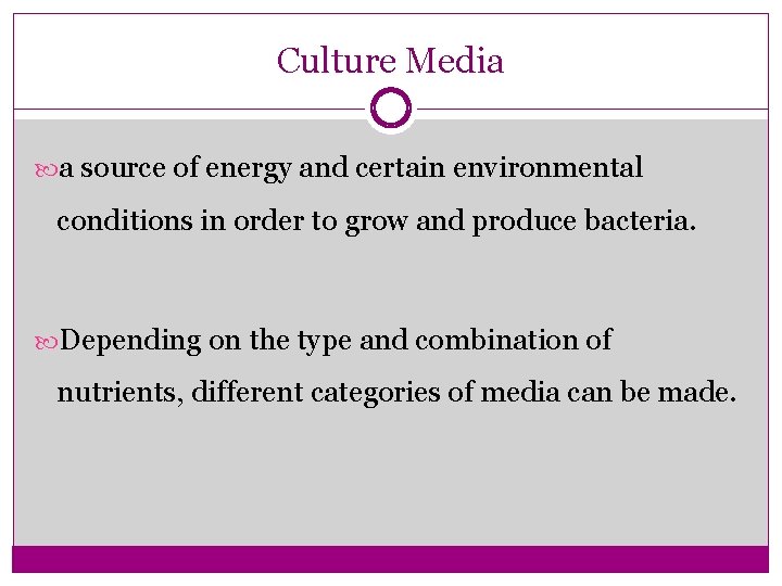 Culture Media a source of energy and certain environmental conditions in order to grow