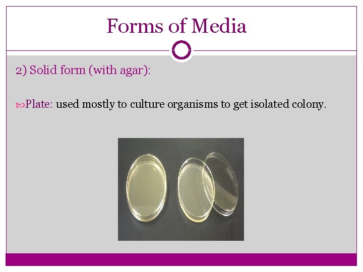 Forms of Media 2) Solid form (with agar): Plate: used mostly to culture organisms