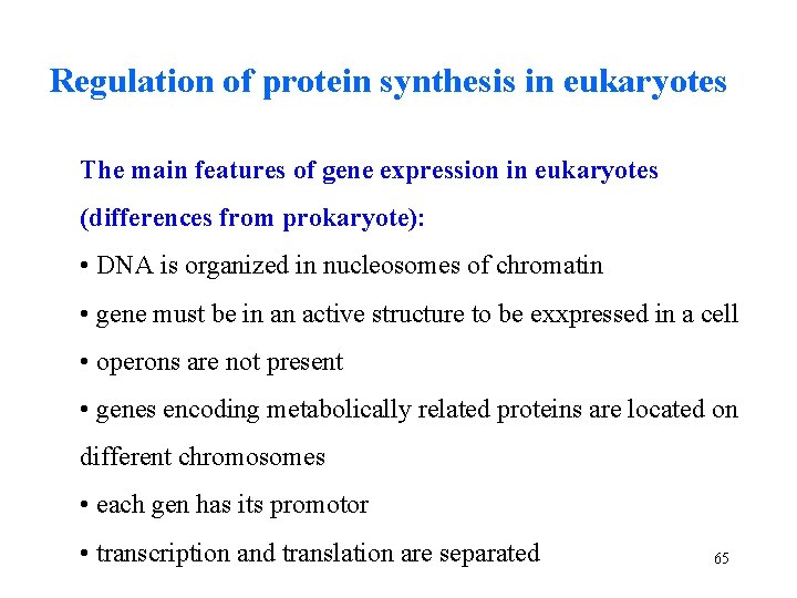 Regulation of protein synthesis in eukaryotes The main features of gene expression in eukaryotes