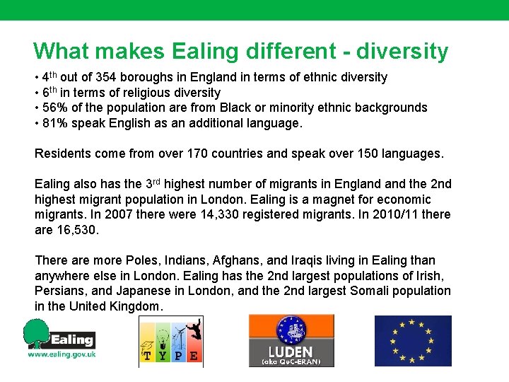 What makes Ealing different - diversity • 4 th out of 354 boroughs in