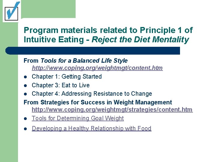 Program materials related to Principle 1 of Intuitive Eating - Reject the Diet Mentality