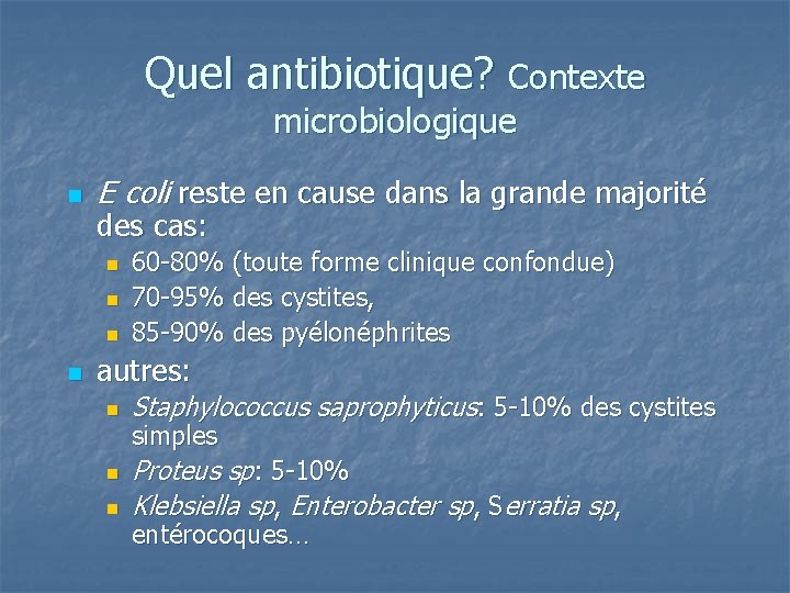 Quel antibiotique? Contexte microbiologique n E coli reste en cause dans la grande majorité