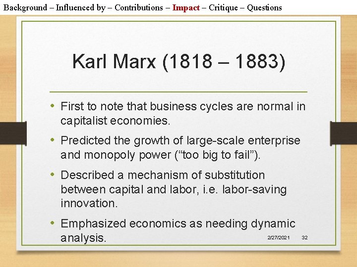 Background – Influenced by – Contributions – Impact – Critique – Questions Karl Marx