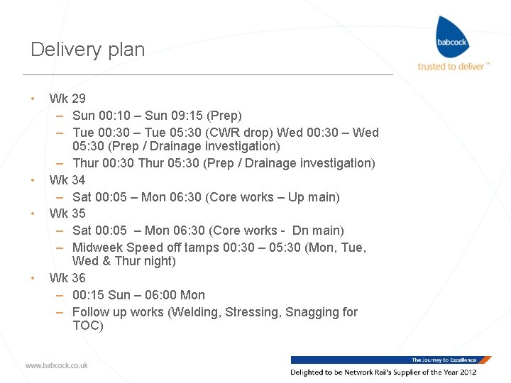 Delivery plan • • Wk 29 – Sun 00: 10 – Sun 09: 15