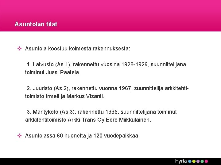 Asuntolan tilat v Asuntola koostuu kolmesta rakennuksesta: 1. Latvusto (As. 1), rakennettu vuosina 1928 Asuntolan tilat v Asuntola koostuu kolmesta rakennuksesta: 1. Latvusto (As. 1), rakennettu vuosina 1928