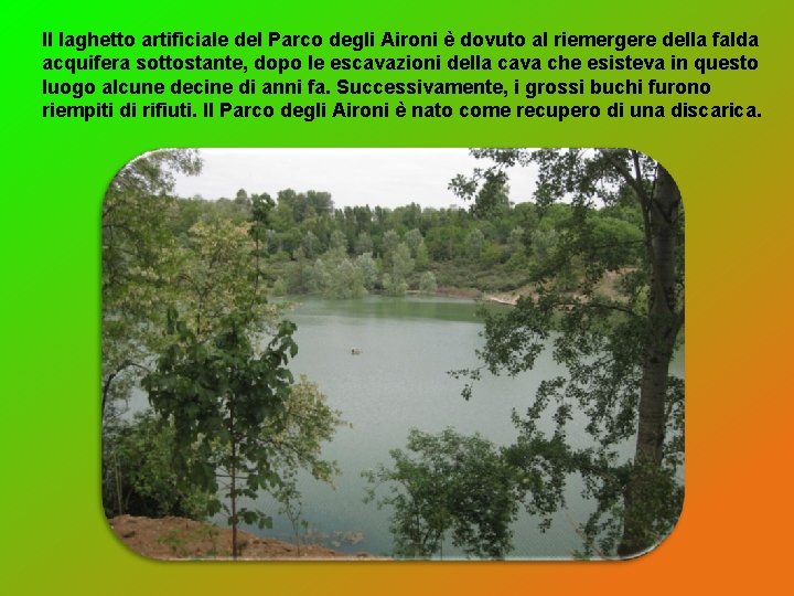 Il laghetto artificiale del Parco degli Aironi è dovuto al riemergere della falda acquifera Il laghetto artificiale del Parco degli Aironi è dovuto al riemergere della falda acquifera