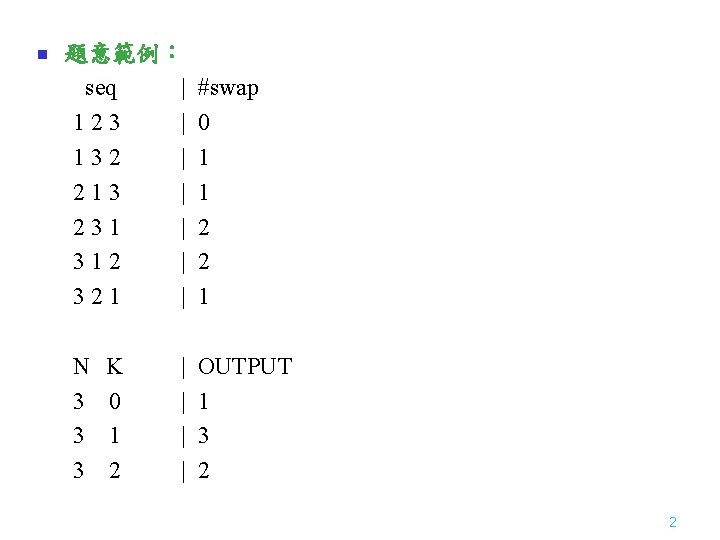  題意範例： seq | 123 | 132 | 213 | 231 | 312 |