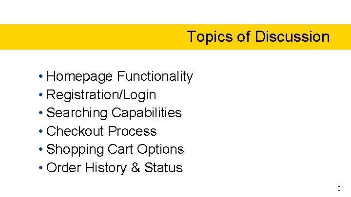 Topics of Discussion • Homepage Functionality • Registration/Login • Searching Capabilities • Checkout Process