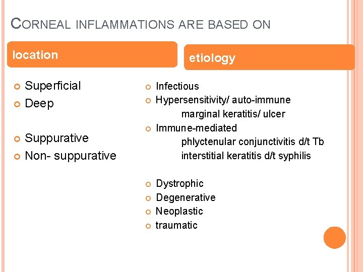 CORNEAL INFLAMMATIONS ARE BASED ON location Superficial Deep Suppurative Non- suppurative etiology Infectious Hypersensitivity/