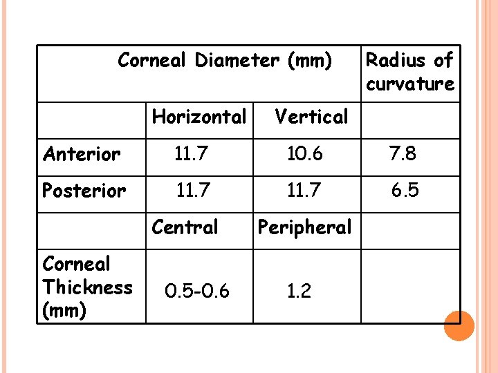 Corneal Diameter (mm) Horizontal Radius of curvature Vertical Anterior 11. 7 10. 6 7.