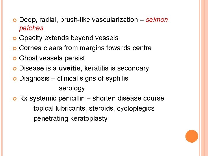 Deep, radial, brush-like vascularization – salmon patches Opacity extends beyond vessels Cornea clears from