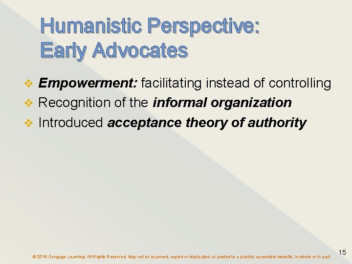 Humanistic Perspective: Early Advocates Empowerment: facilitating instead of controlling Recognition of the informal organization