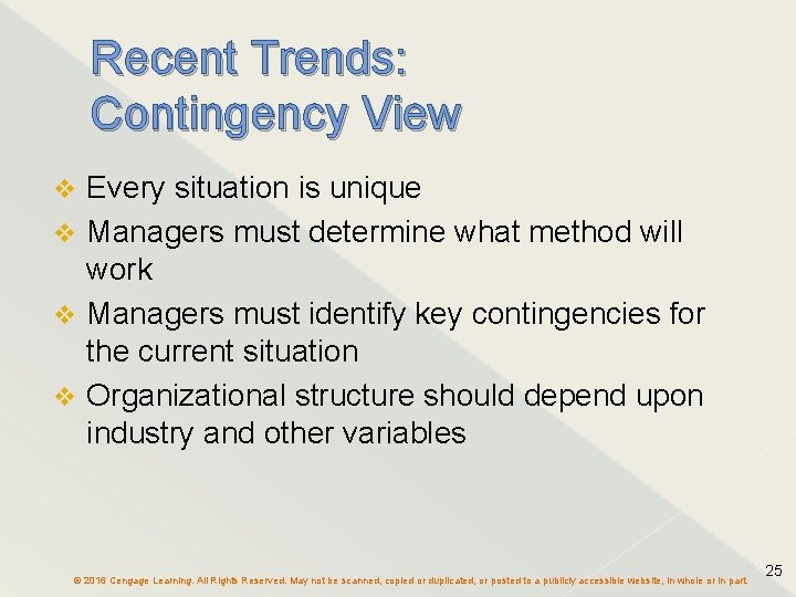 Recent Trends: Contingency View Every situation is unique Managers must determine what method will