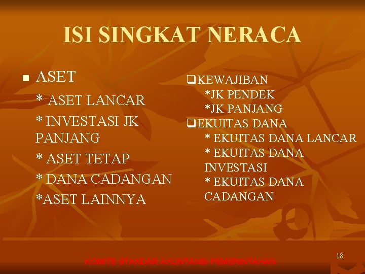 ISI SINGKAT NERACA n ASET * ASET LANCAR * INVESTASI JK PANJANG * ASET