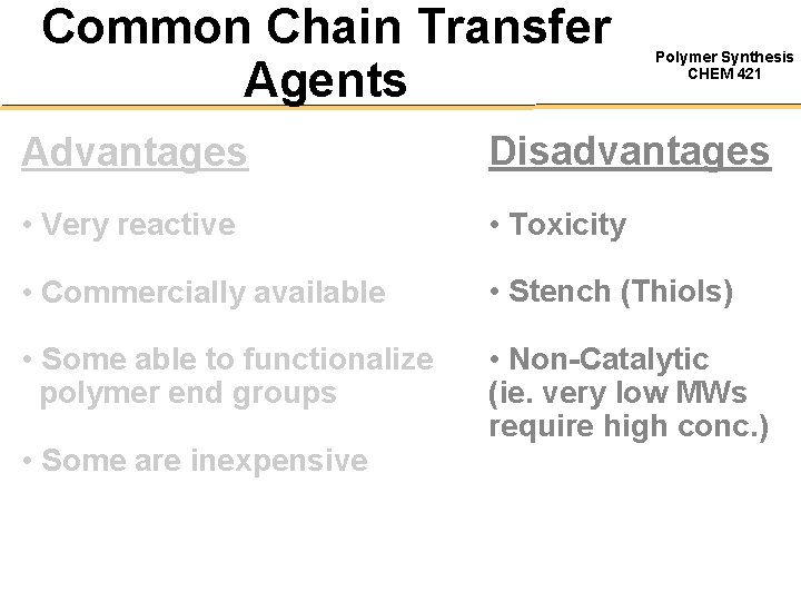 Common Chain Transfer Agents Polymer Synthesis CHEM 421 Advantages Disadvantages • Very reactive •