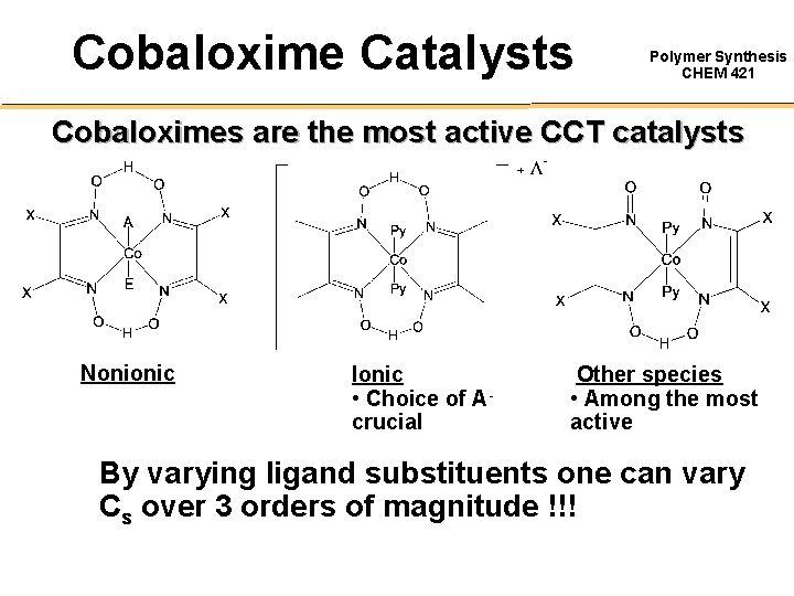 Cobaloxime Catalysts Polymer Synthesis CHEM 421 Cobaloximes are the most active CCT catalysts Nonionic