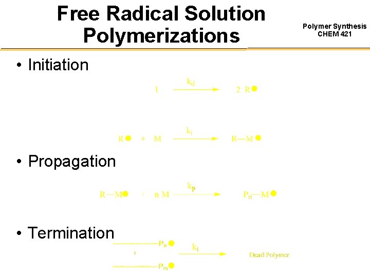 Free Radical Solution Polymerizations • Initiation • Propagation • Termination Polymer Synthesis CHEM 421