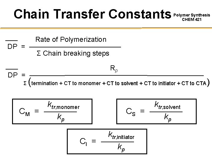 Chain Transfer Constants Polymer Synthesis CHEM 421 Rate of Polymerization DP = ——————— Σ